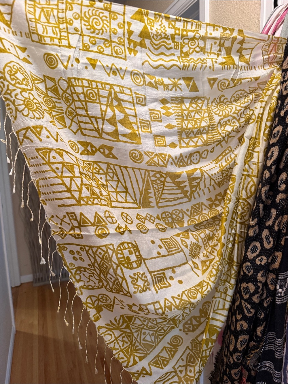 Trades of Hope brand- 100% silk White and Mustard Geo Print Fringe Scarf